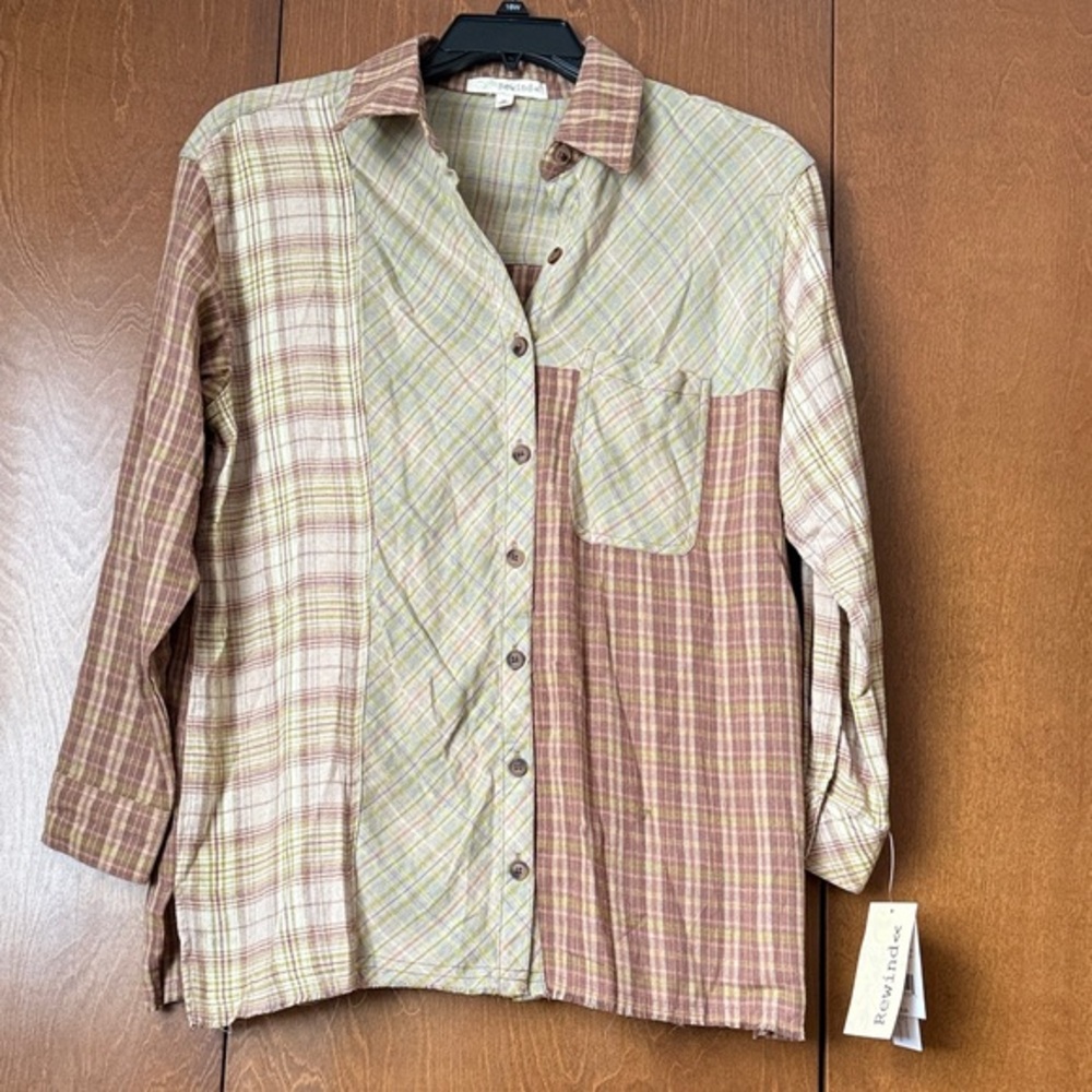 Rewind NWT Sz M Brown, Green & Cream Plaid Button-Up Shirt Ret $29.99